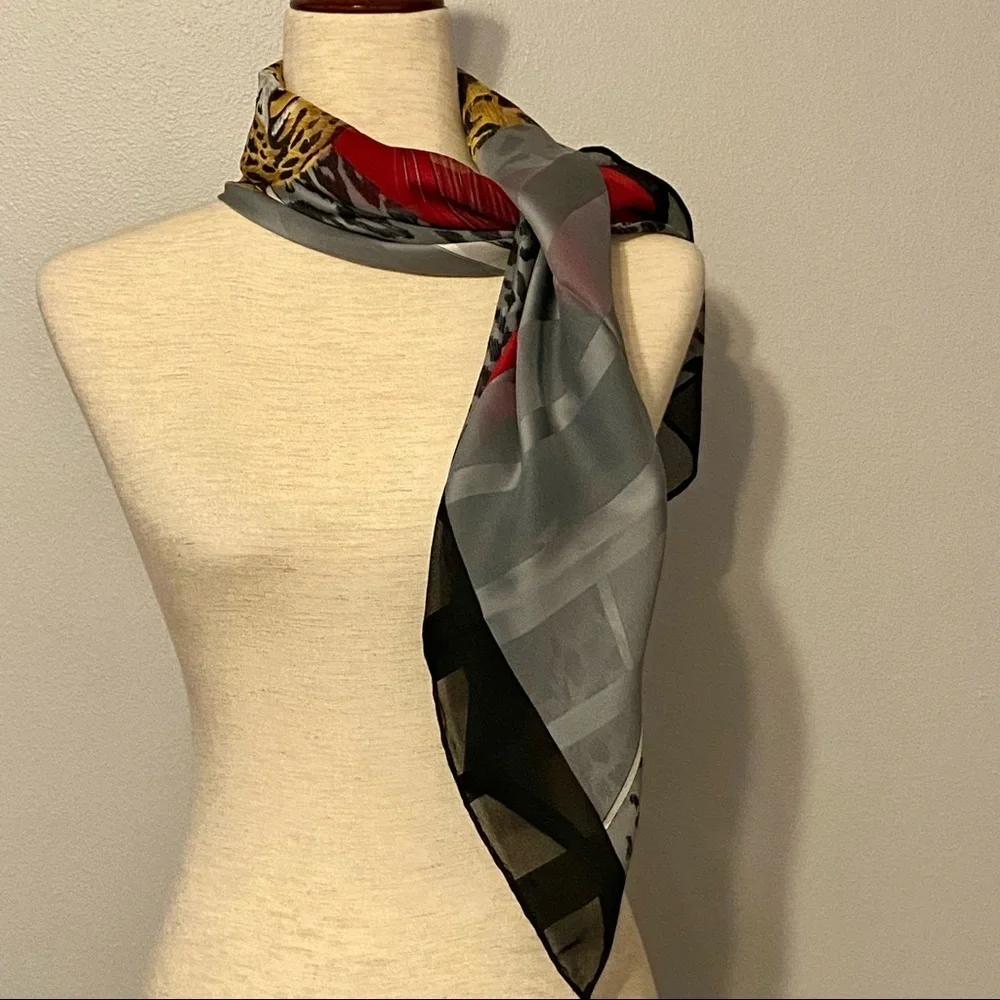 Jim‎ Renoir vintage tiger print scarf black gold red gray vibrant 34” sq Italy